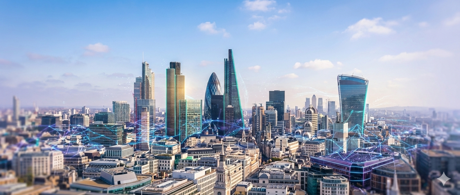 Aerial view of the City of London with AI network overlay
